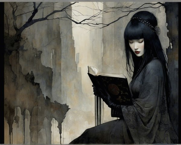 Serene figure in black attire reading in mystical setting