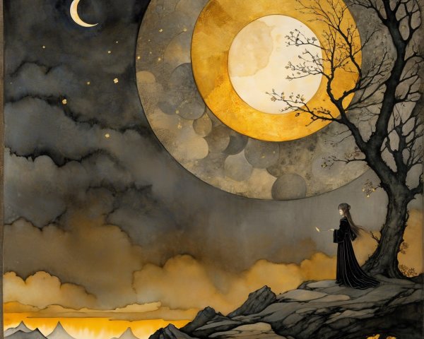 Serene landscape with silhouetted figure and celestial elements
