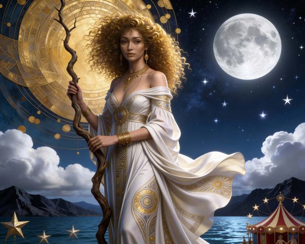 Goddess-like Woman in Elegant Gown with Halo at Night