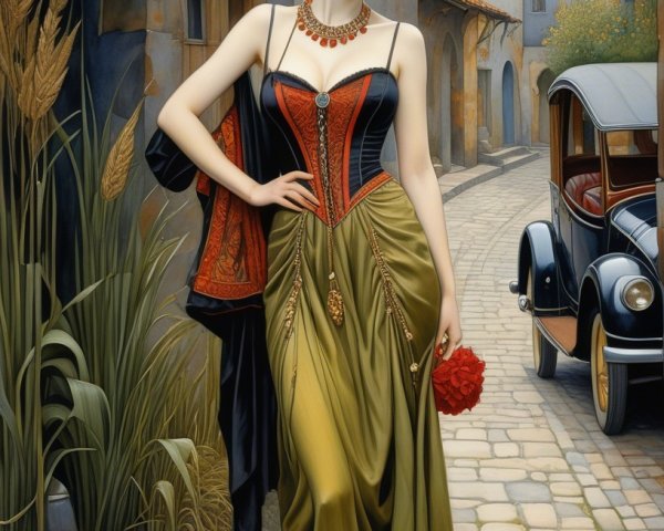 Glamorous Woman in Elegant Dress on Cobblestone Street
