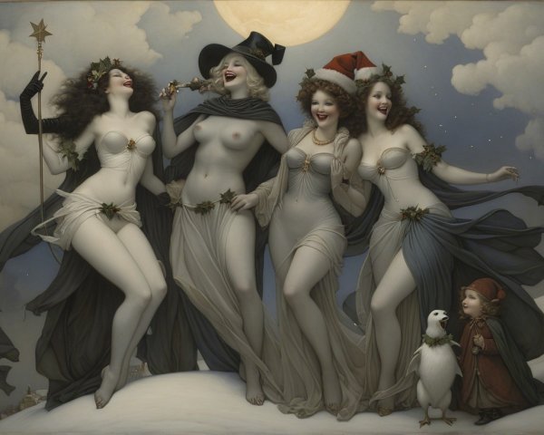 Elegant Women in Gowns Celebrating in Winter Landscape