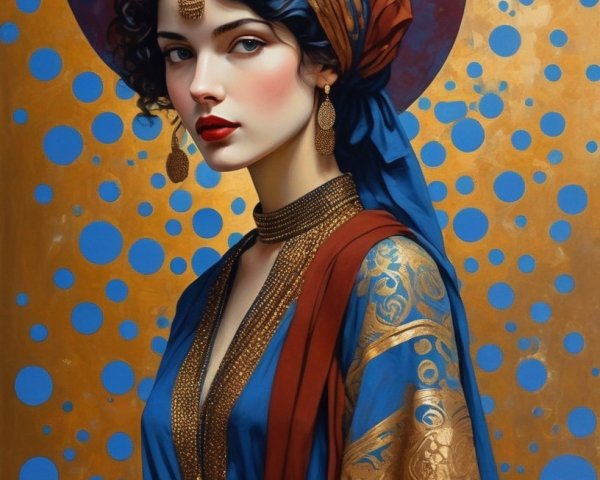 Portrait of Woman in Blue and Gold Traditional Attire on Dotted Background