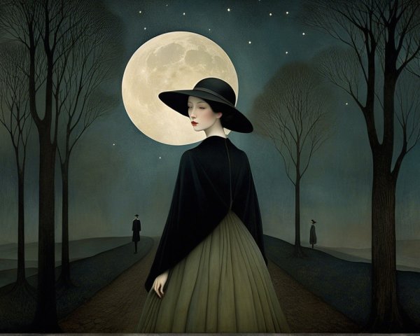 Moonlit Landscape with Woman in Elegant Gown