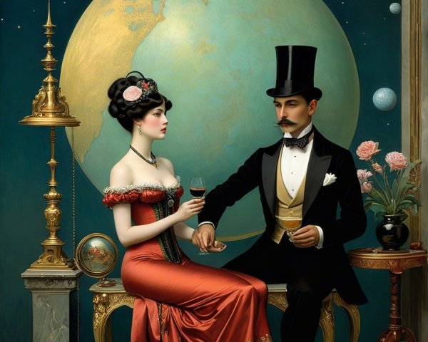 Elegant Vintage Couple in Opulent Setting with Globe