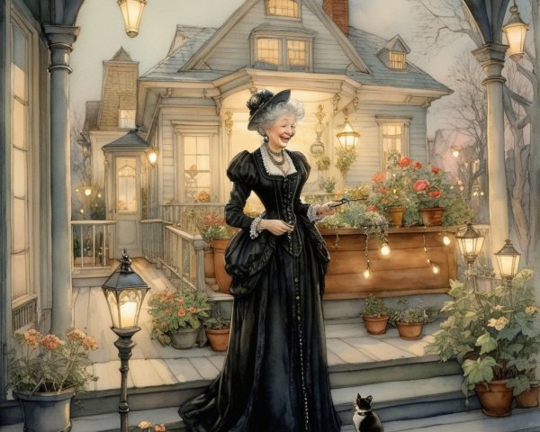 Elegant Woman in Garden with Book and Black Cat