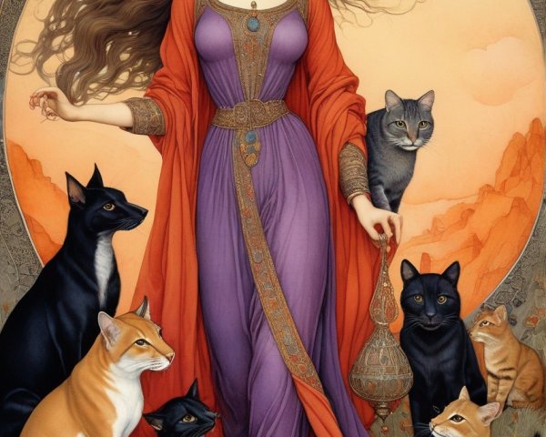 Woman with Flowing Hair in Mystical Cat Setting