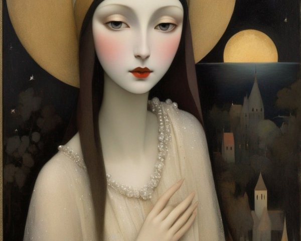 Solemn Woman in Hat Against Moonlit Town Backdrop