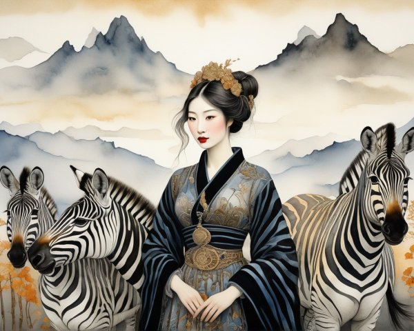 Traditional Asian Woman with Zebras in Mountain Scene