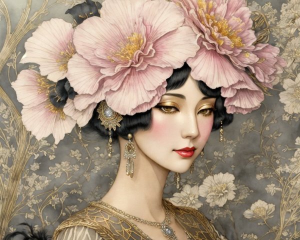 Portrait of a woman with pink flower crown and jewelry