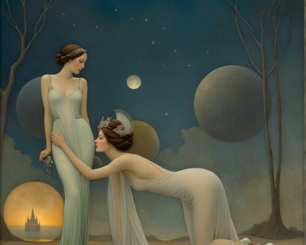 Ethereal Figures in Dreamlike Starlit Landscape