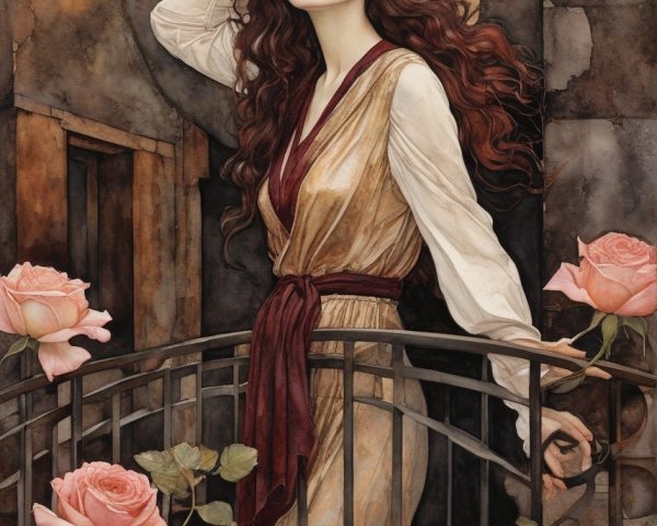 Red-haired woman in vintage dress on balcony with pink roses: a romantic scene