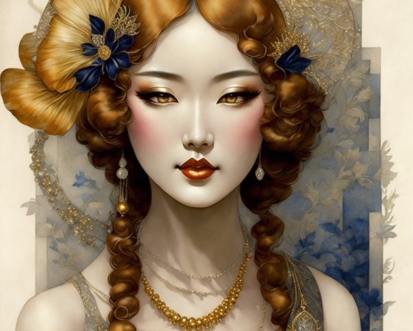Portrait of a woman with curly hair and floral accents