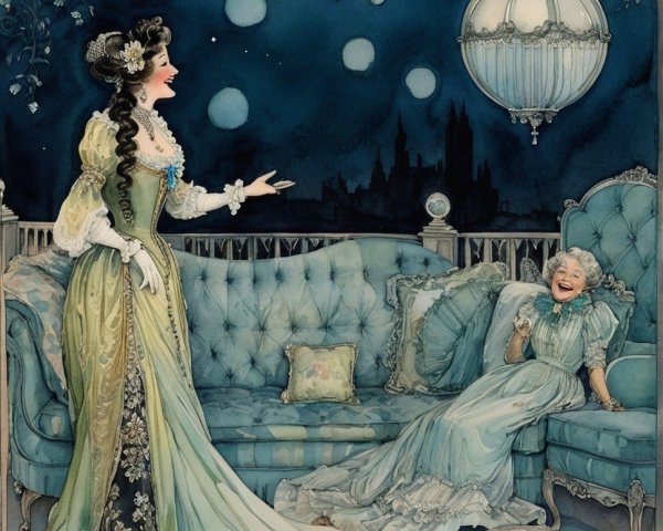 Elegant Women in Vintage Setting with Night Sky