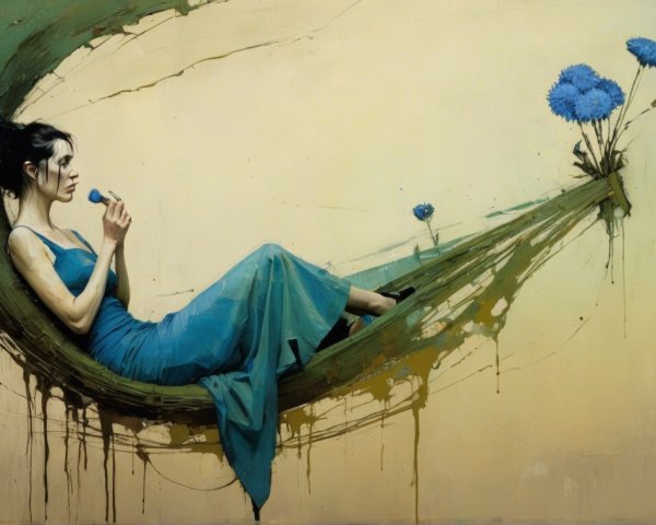 Serene Woman in Blue Dress on Green Crescent