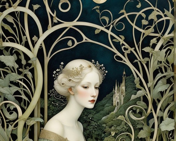 Ethereal Woman Surrounded by Vines and Moonlit Castle