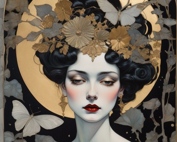 Art Deco Portrait of Woman with Floral and Moon Elements