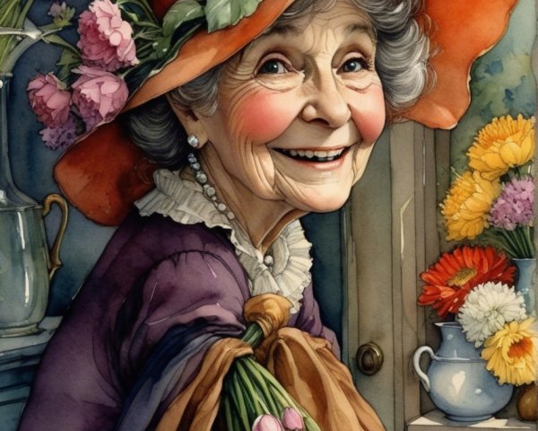 Elderly Woman in Orange Hat Surrounded by Flowers