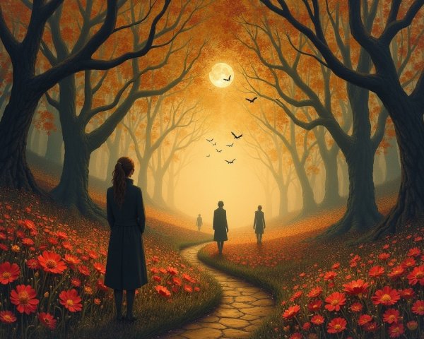Autumn Forest Scene with Figures and Moonlit Sky