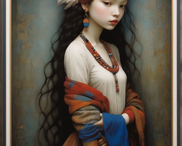 Portrait of girl with long dark hair, headband with feather, striped garment, bead necklaces,