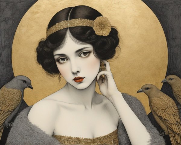 Stylized portrait of a woman with golden birds