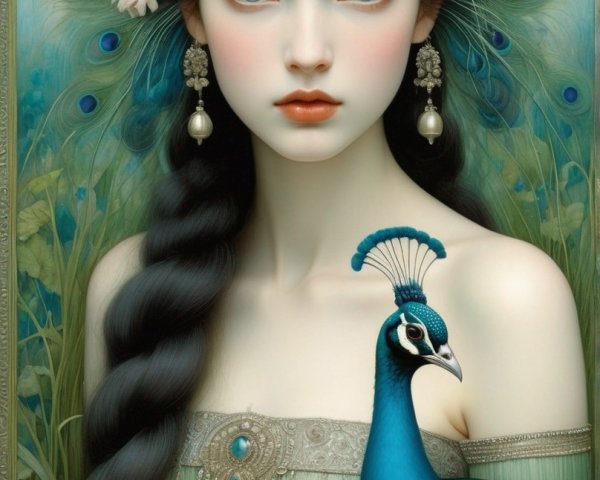 Portrait of woman with peacock-like features and decorative headband, braided hair, peacock beside