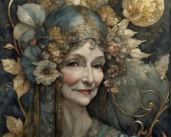 Elderly Woman with Floral Headdress and Moonlit Background