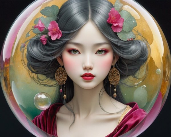 Digital artwork of a woman in a floral hair sphere