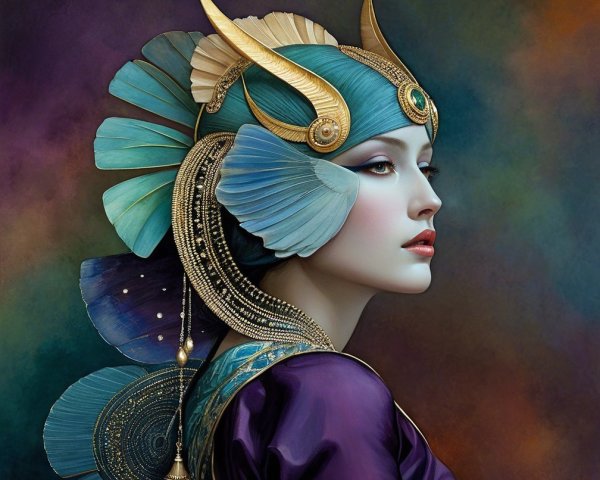 Regal figure with elaborate headdress and jewelry