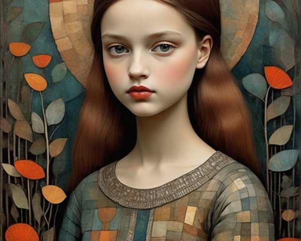 Young Girl Painting with Halo Background and Earthy Plant Elements