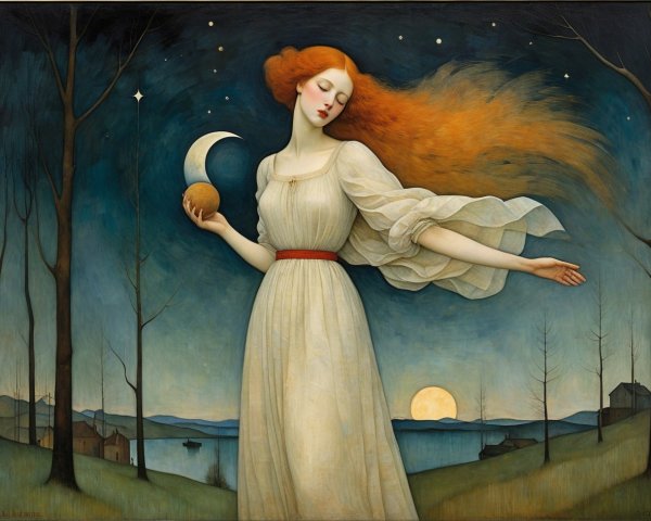 Young woman in flowing dress holding golden orb