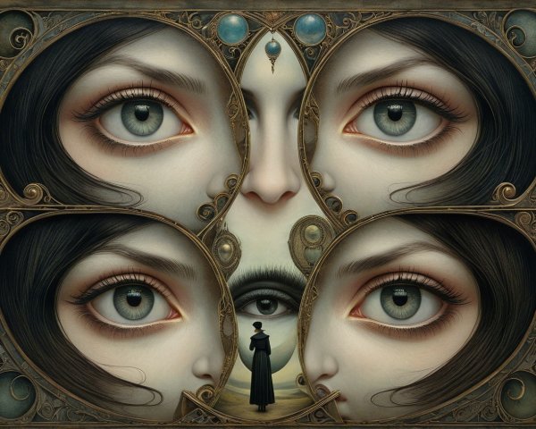 Surrealist Painting with Symmetrical Female Faces and Eyes