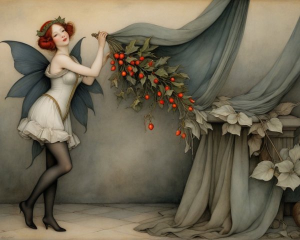 Whimsical Fairy with Blue Wings and Orange Berries