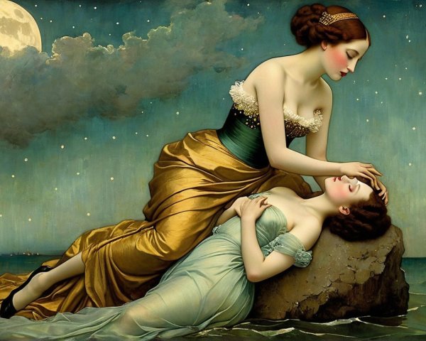 Women in Dreamlike Setting with Moon and Lantern