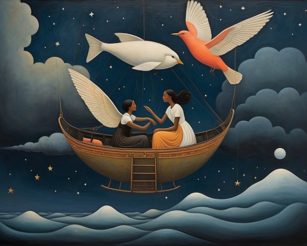 Women in a boat under a starlit sky with birds