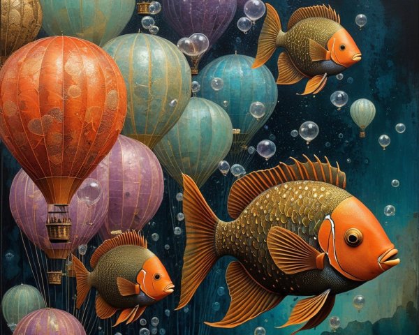 Vibrant Fish and Colorful Balloons in Dreamlike Scene