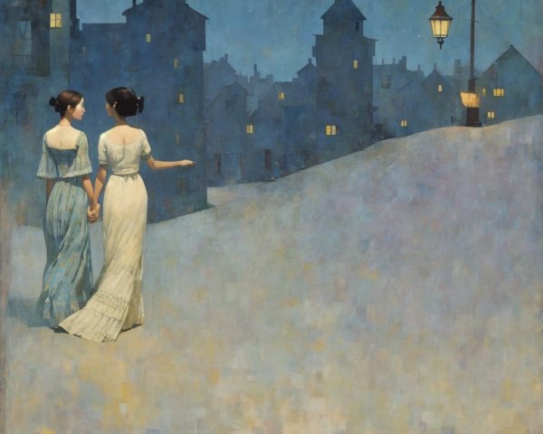 Elegant figures in winter attire on a snowy street
