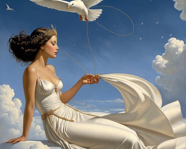 Serene Woman in White Gown with Dove and Clouds