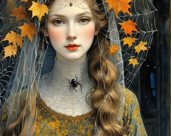 Woman with Autumn Leaves and Cobwebs in Dark Setting