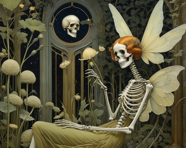 Skeleton with Wings Among Flowers Under Starry Sky