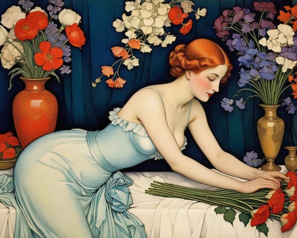 Woman in blue gown arranging vibrant flowers on table