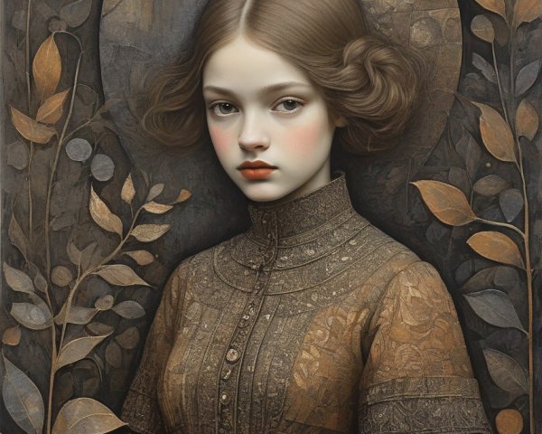 Young girl with brown hair in vintage, ethereal setting among golden leaves