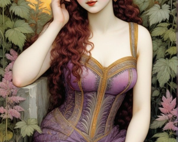 Painting of a woman in a purple gown among greenery