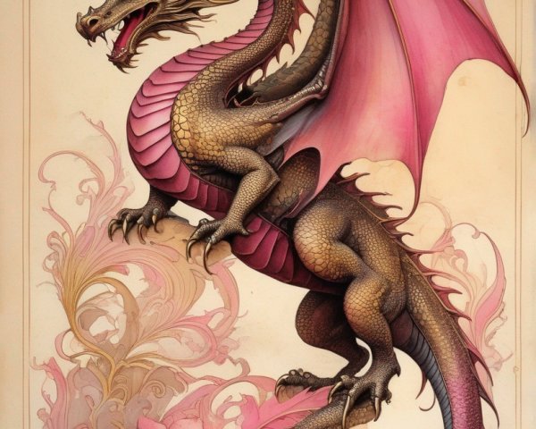 Detailed drawing of majestic dragon with pink scales and soaring wings next to blooming rose on beige background