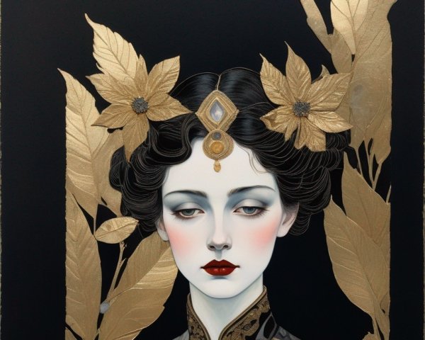 Pale Woman with Black Hair and Gold Leaves Illustration