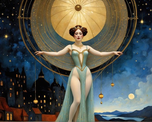 Renaissance-Art Deco Oil Painting of Elegant Woman