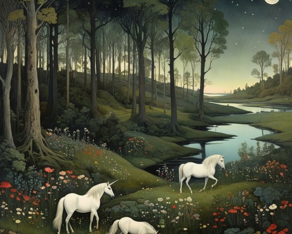 Moonlit Landscape with Unicorns and Vibrant Flora