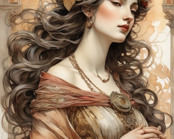 Woman with flowing hair and rose crown in elegant attire against arch background