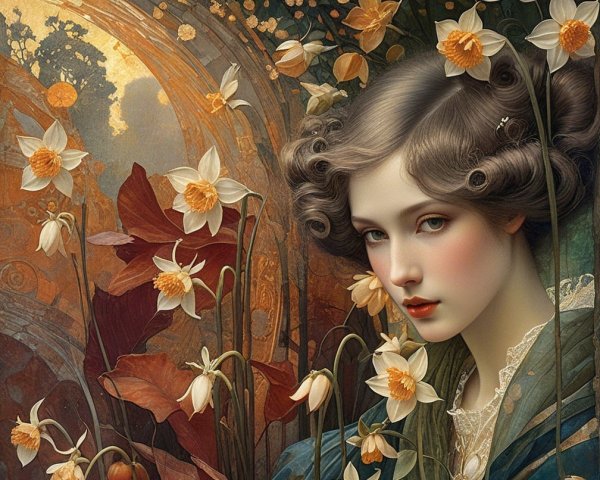 Serene Young Woman Surrounded by Daffodils and Patterns