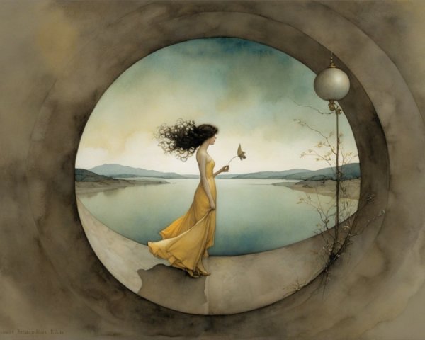 Woman in Yellow Dress by Tranquil Water Body