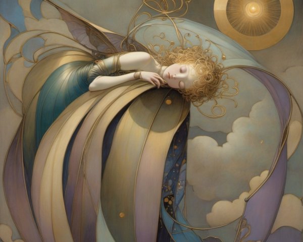 Serene Figure with Colorful Fabrics and Elegant Wings